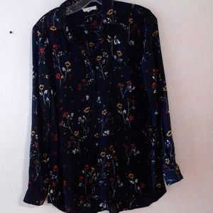Black, floral print blouse. Semi Sheer. BLL New York. Small petite. Viscose. SP